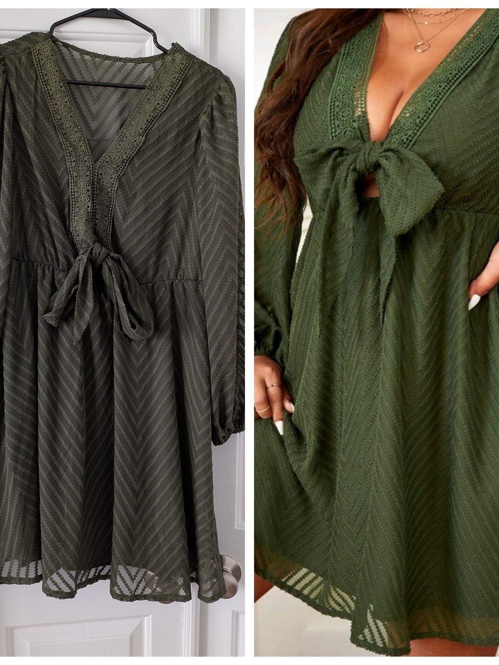 SHEIN Olive Green Tie-Front V-Neck Midi Dress